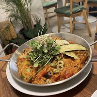 Vegetable Paella topped with microgreens at Nammi Plant Lab in Seoul