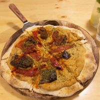 Hummus Pizza with roasted eggplant and peppers.  Incredible!  at Nammi Plant Lab in Seoul