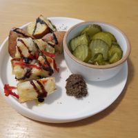 Free Appetizer (Bread with balsamic vinegar, olive spread, and pickles)  at Nammi Plant Lab in Seoul