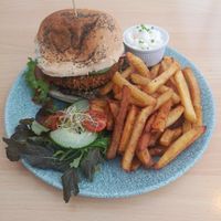 Vegan satay burger at Roots Cafe in Abergele