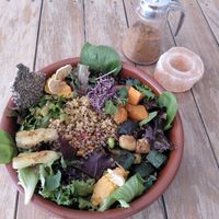 Amazing Andino bowl with quinoa, buck wheat, pumpkin, carrot, kale, edamame beans and salad  at Element Cafe in Tarifa