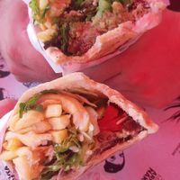 Falafel pitta with hummus, salad and fries at Georgie's Handy Food in Ayia Napa