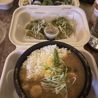 Veggie sushi platter (top), gyoza (middle), Japanese curry (bottom)   at Midori's Floating World Cafe in Minneapolis