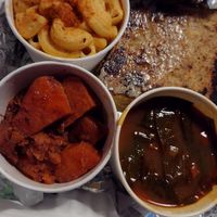 Mac & cheese, yams, collard greens & cornbread at Trio Plant-Based in Minneapolis