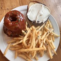 Onion ring burger   at Trio Plant-Based in Minneapolis
