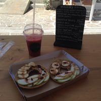 Bagel with peanut butter and watermelon and ginger juice at Blender in Antiparos