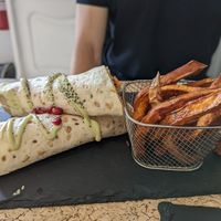 Wraps with smoked tofu and sweet potato fries (they come with a garlic dip) at Leaves Cafe in Cotovia