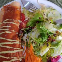 Seitan Enchilada with Roasted Vegetables and Salad at Leaves Cafe in Cotovia
