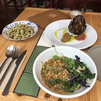 Specials: broad beans, artichoke. Mixed grain Otto. All average  at Eat Your Greens in Leeds