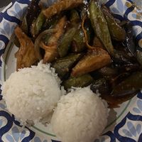 Ginger garlic eggplant with tofu and white ricee  at Lotus Garden Chinese & Thai Cuisine in Hanalei