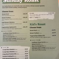 Sunday menu Sept 2026. 2 vegan options for Sunday roast: spinach tarte and meatless sausages. They do omit the Yorkshire pudding though, without a replacement or discount  at Famous Old Spa in Weymouth