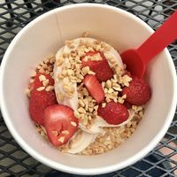 Silk non-dairy vanilla with strawberries and peanuts at Swirls Frozen Yogurt in Parker