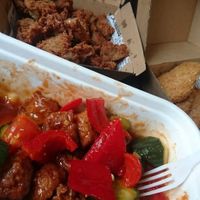 The sweet and sour soy nuggets with popcorn nuggets and chicken nuggets at The Origin Tales in Brunswick East