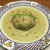 Japanese pumpkin manju dumpling in an edamame based soup at Asai Togei in Osaka
