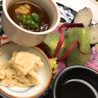 Vegan sashimi - Yuba, Aloe with ponzu, konyaku wrapped avocado and nori wrapped nagaimo at Asai Togei in Osaka