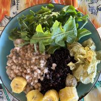 Black Rice, White beans, Brussle sprout stew, Plantain, Fresh salad  at Freedom Fighters Ital Shack in Philipsburg