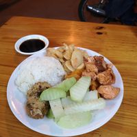 Steamed Rice with veggies, tofu and vegan balls at Com Pho Chay Tu Bi in Hanoi