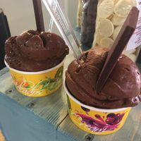 Dark chocolate sorbet and orange chocolate sorbet, both topped with a piece of rice milk chocolate  at Mayan Monkey Mijas in Mijas
