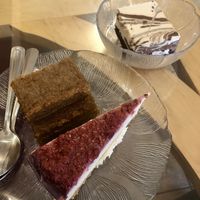 Top right: White/dark choc mousse, berry cheesecake, sticky ginger cake  at Green Cuisine Vegetarian Restaurant in Victoria