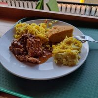 Corn bread, tempeh, cauliflower millet dish at Green Cuisine Vegetarian Restaurant in Victoria