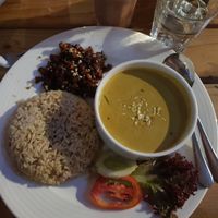 Sweet and spicy tempeh with vegetable curry at Bean Me Up in Goa