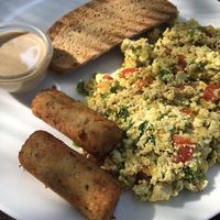 One of the continental breakfast options (or regular breakfast options) when you stay at Bean Me Up.   Tofu scramble, tofu sausage, bread and peanut butter.  Delicious!   at Bean Me Up in Goa