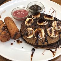 Chocolate banana pancakes with tofu sausage.  Yummmm!   at Bean Me Up in Goa