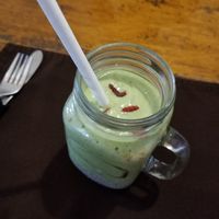 Superfood smoothie with chia at the bottom and goji berries on top. Very yummy! at Bean Me Up in Goa