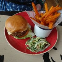 Beyond burger with sweet potato fries at Racconto Lounge  in Bury