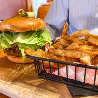 Very Good Butchers' Burger with cajun potato fries. at Eve Olive in Nanaimo