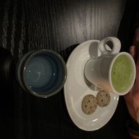 A strong matcha expresso with two precious and tasty sesame cookies.  Yum   at Shojin - DTLA in Los Angeles