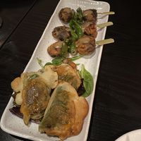 Gyoza and shrimp skewer #Veganuary at Shojin - DTLA in Los Angeles
