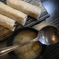 Crab cake hand roll and miso soup  #Veganuary at Shojin - DTLA in Los Angeles