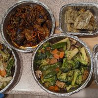 Buddha's Feast Chow Mein, Chili Eggplant Szechuan Style, Fresh Bean Curd Skin Rolls and Shiitake Mushroom with Mixed Greens, Crispy Pancakes, Turnip Cakes at Lotus Pond in Victoria