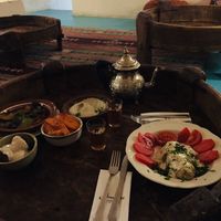 Best dinner ever: veggies, spicy carrots, mutabel, eggplant with tahini and falafels.  at Annette in Sofia