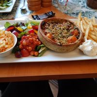 Vegan veg tart with chips, salad, coleslaw, and vegan mayo! Super tasty! at Taste Bistro in Retford