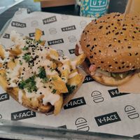 "chicken" burger and aïoli parmesan persil fries! at V-Face in Dublin