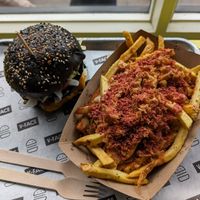 Black Big Mac and loaded fries with bacun pieces but sadly, not enough sauce at V-Face in Dublin