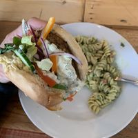 Greek burger and pasta salad - amazing!  at Angry Vegan in Penticton