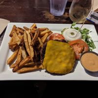 Vegan burger with fries (no bun for gluten free) at Loosey's Downtown in Gainesville