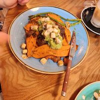 Sweet potato "toast" with tofu, mushrooms, avocado, asparagus at Zenith in Lisbon
