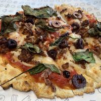 Vegan sausage with vegan cheese and veggies!  at Azzip Pizza in Bloomington