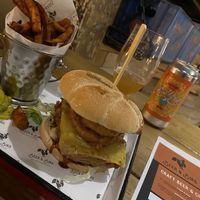 Smokin Seitan Burger with Sweet Potato Fries  at Beer and Bird in St Ives