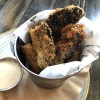Panko breaded shrooms for starter, not sure what the dip was meant to be as it didn’t taste like much! The mushrooms were AMAZING and a generous portion size! at Beer and Bird in St Ives