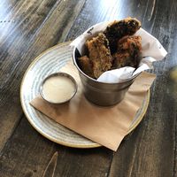 Panko breaded shrooms for starter, not sure what the dip was meant to be as it didn’t taste like much! The mushrooms were AMAZING and a generous portion size! at Beer and Bird in St Ives