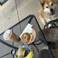 Vegan blueberry muffin and vegan cream cheese with my bagel  at Shanahan's Coffee House in Mukwonago