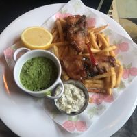 Vegan fish and chips, with mushy peas. Yum! at The Cosy Club in Bournemouth
