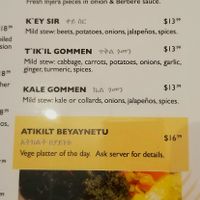 Vegan menu at Abyssinia Ethiopian in Calgary