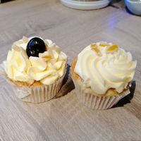 Cherry bakewell and lemon cupcake at Cafe Carmel in Bacton