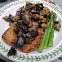 Garlic mushrooms on toast with asparagus at Cafe Carmel in Bacton